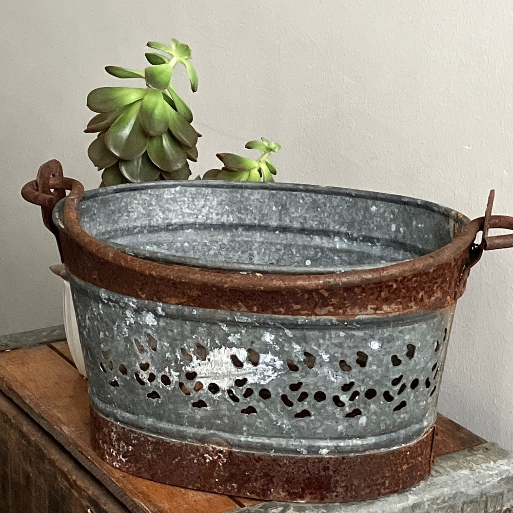 Farmhouse Galvanized Rustic Rusty Metal Pail Planter Basket Two tone Rusty